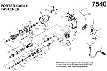 Default Diagram and Parts List for PC7540 Type 1 Porter Cable Electric Drill